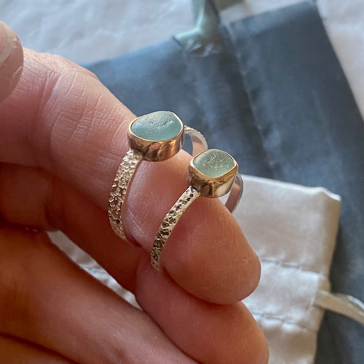 Gold Bezel Sea Glass Ring with textured band