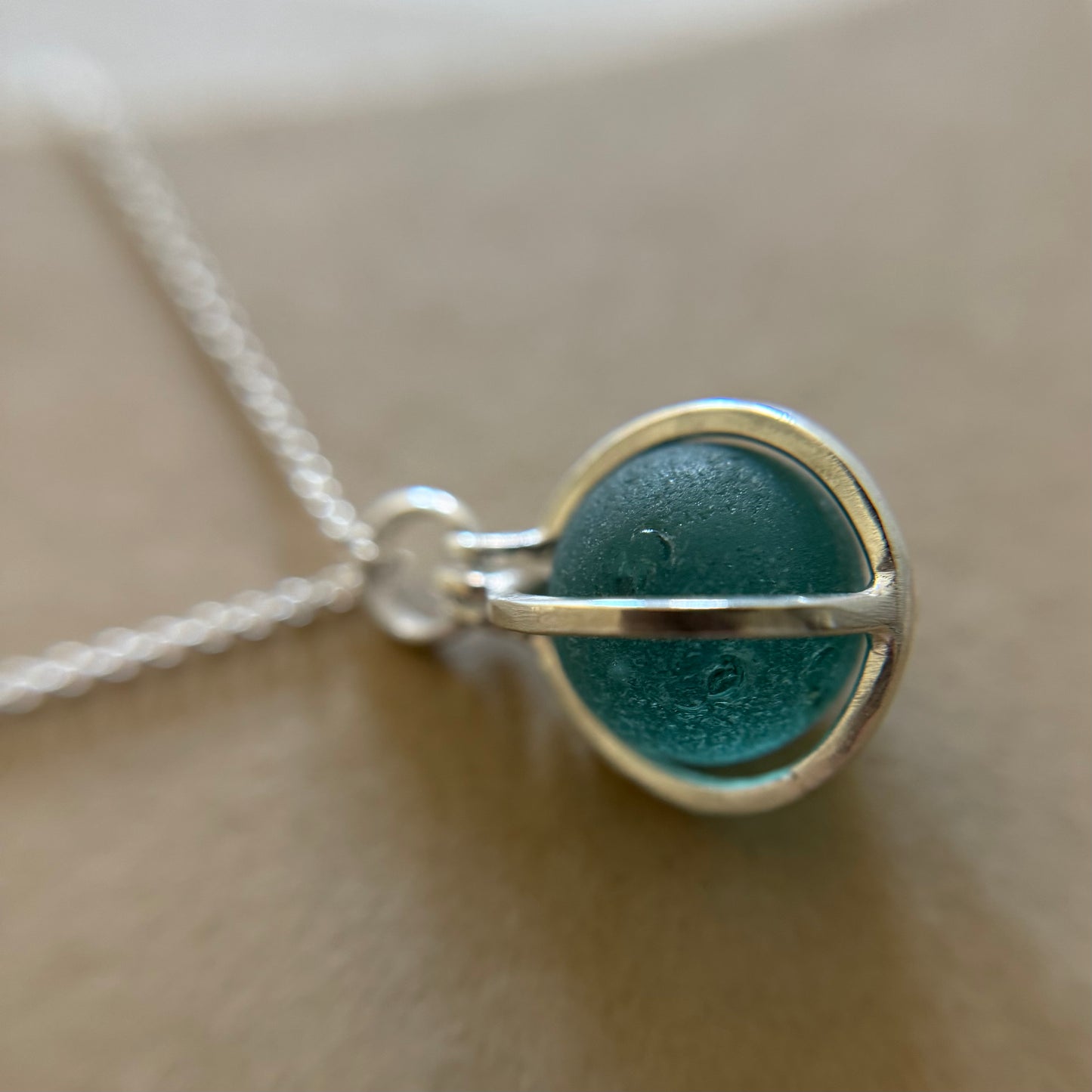 Caged Sea Glass Marble Pendant in Aqua