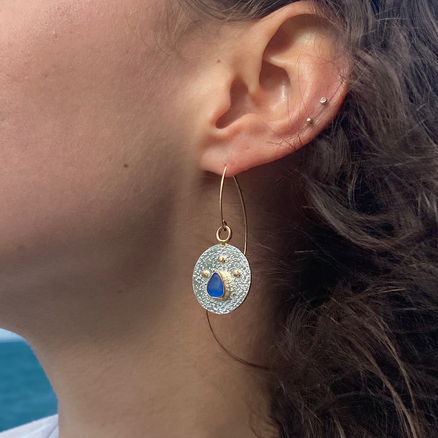 Mixed metal sea glass coin earrings