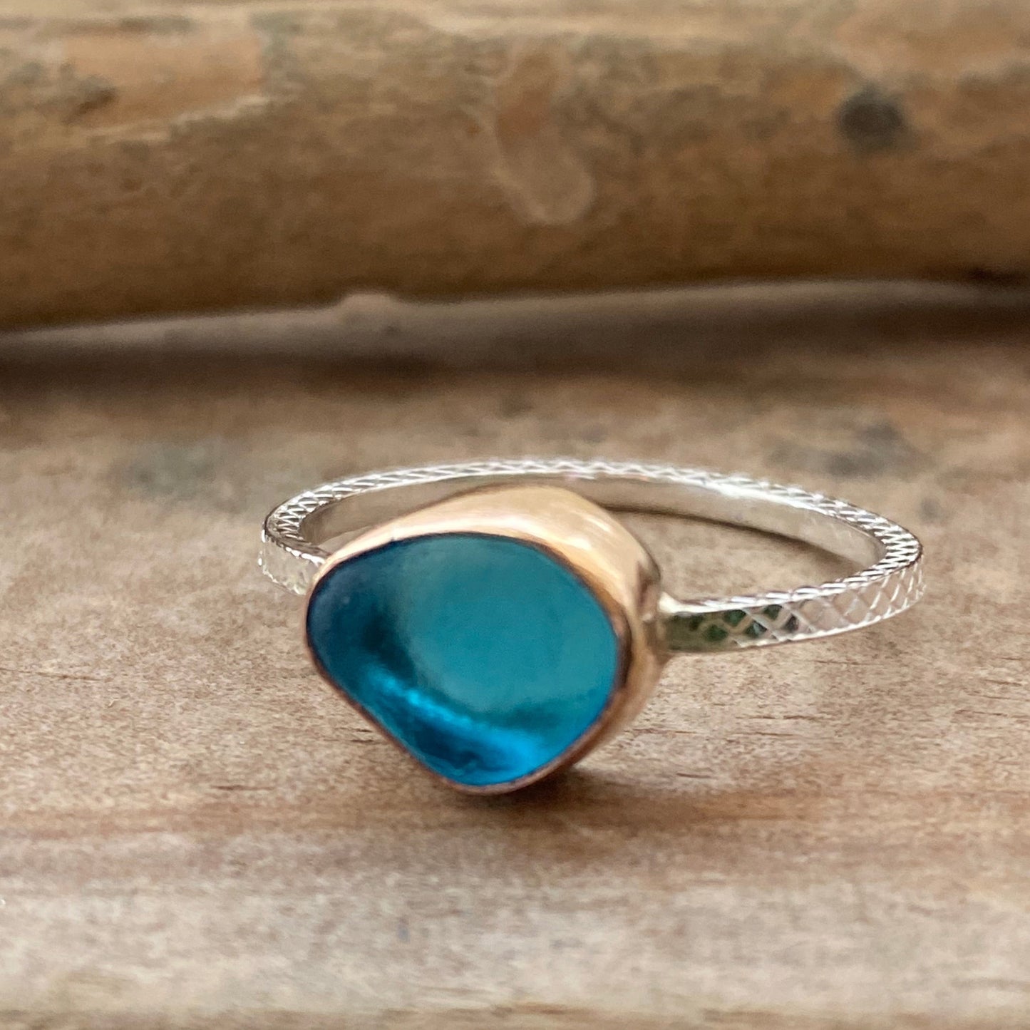 Aqua Sea Glass Ring with gold Bezel