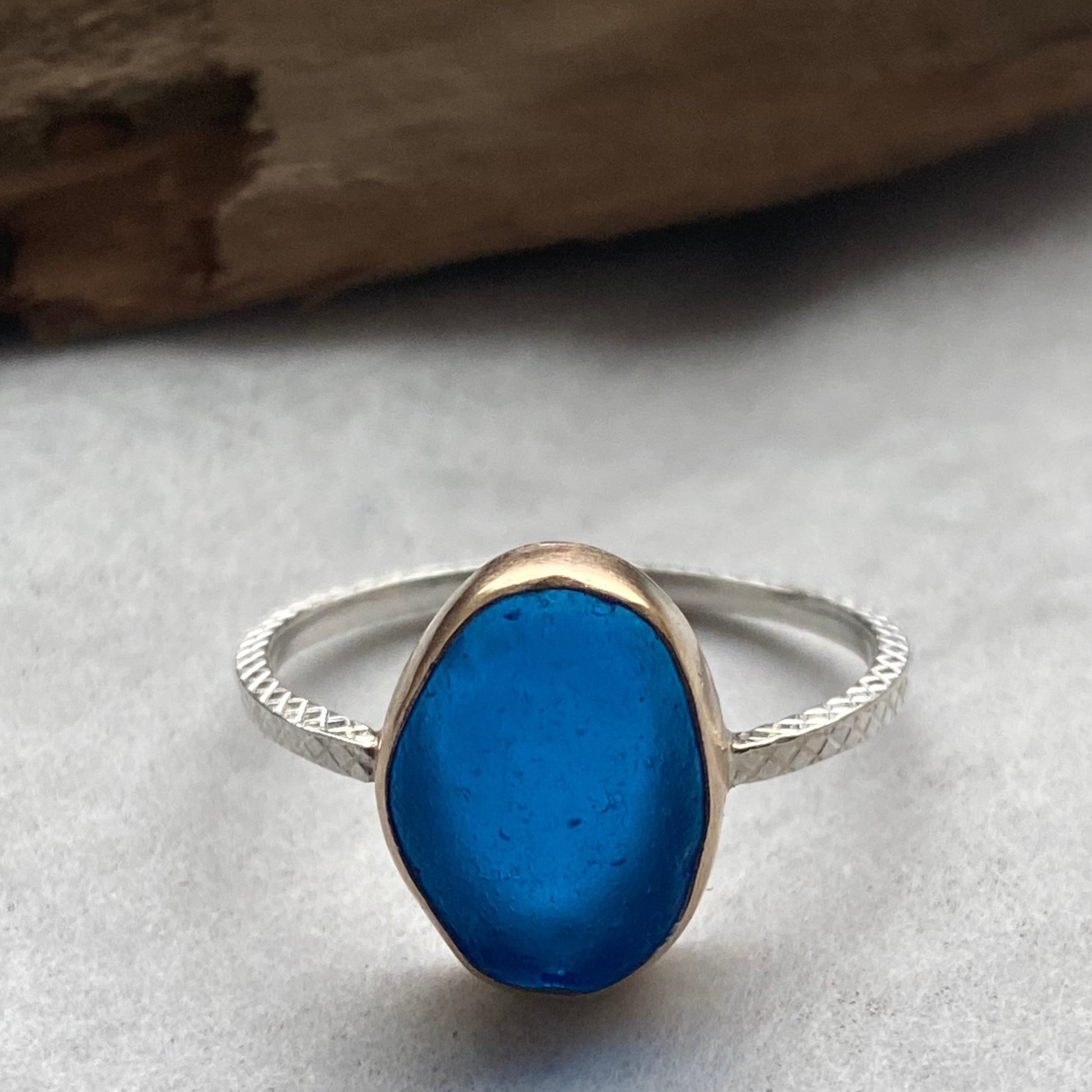 Bright Blue Sea Glass Ring with Gold Bezel