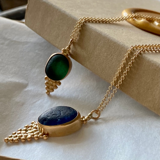 The Mermaid Tail Pendant - The Mermaid Tail Necklace.  Beautiful piece of sea glass nested in a hand-crafted in a 14k gold bezel with 14k gold fill accents.  Kate Samson Design